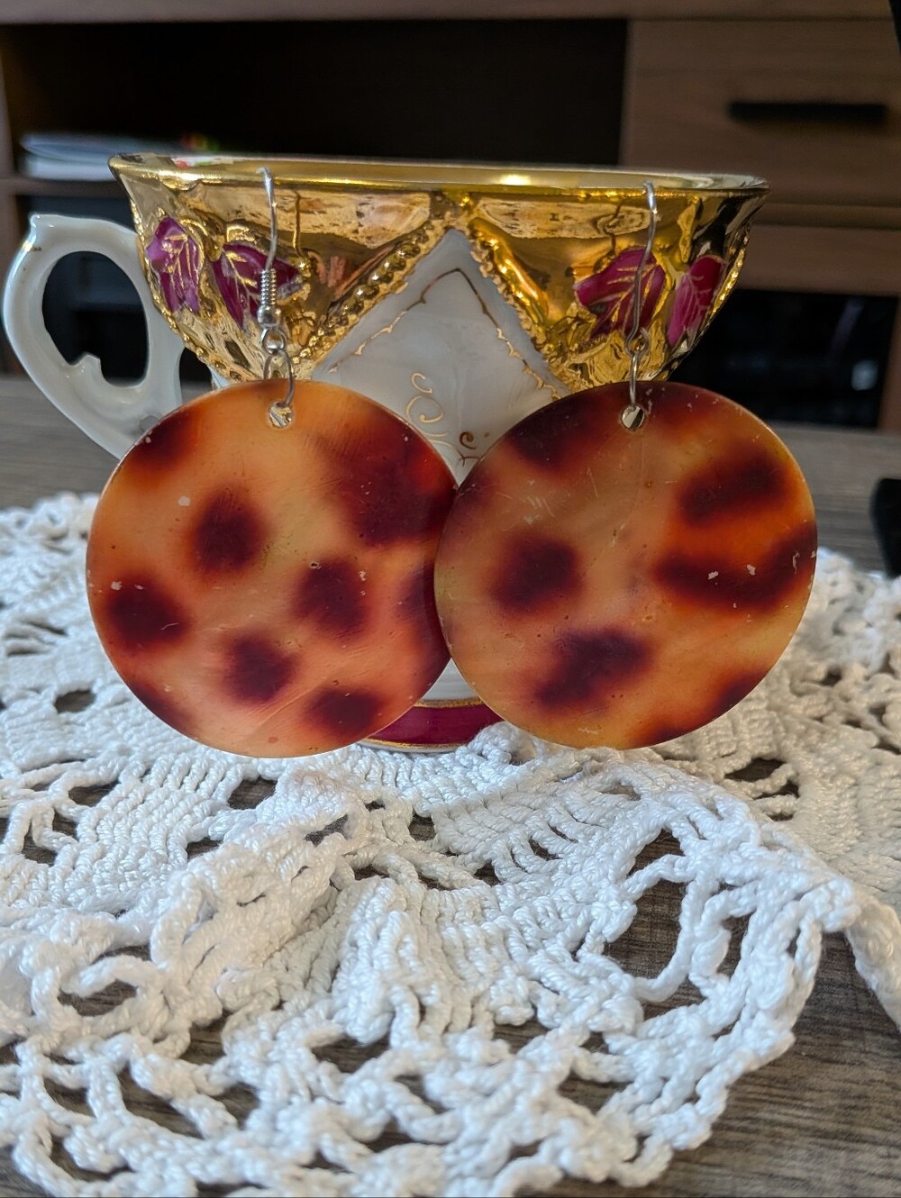 Animal Print On Mother Of Pearl Round Drop Earrings